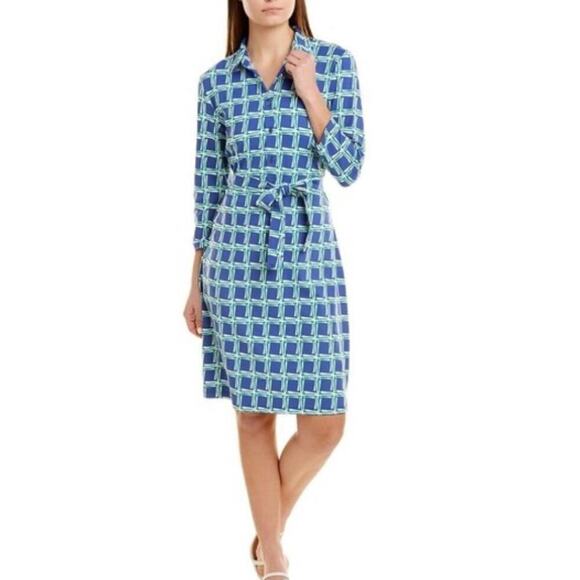 J. McLaughlin Women's Belted Dress SZ M Blue Square Print Stretch Retro 70s - Picture 1 of 11